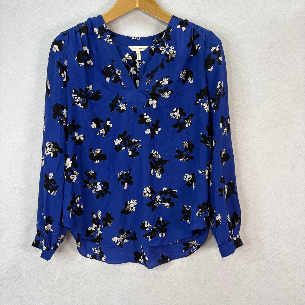Rebecca Taylor Cobalt Blue Floral Silk V-Neck Blouse Women 10 Lightweight Drapey